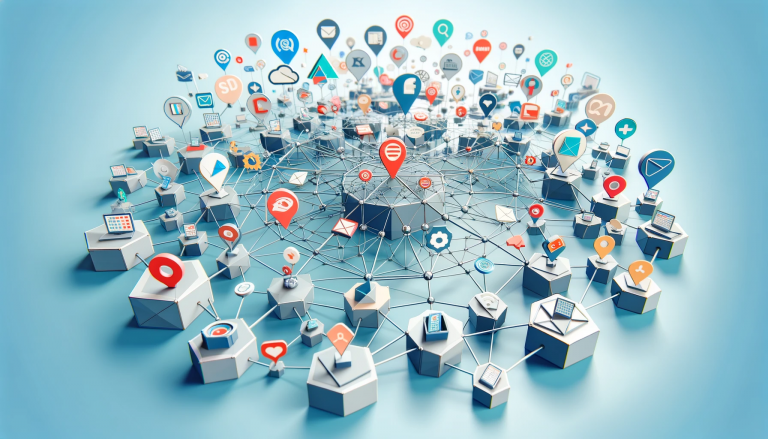 Artistic depiction of 'The Power of Omnichannel Marketing', featuring an array of interconnected geometric shapes symbolizing diverse marketing channels, harmoniously representing the seamless customer journey across multiple touchpoints, all portrayed in a low poly art style against a backdrop of clarity-inducing light blue.