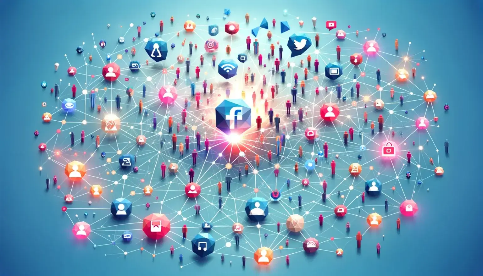 Unleash Your Brand’s Social Media Marketing Potential. Low poly art depiction of social media's global network, with icons for Facebook, Twitter, Instagram, and YouTube, emphasizing connectivity on a light blue background.