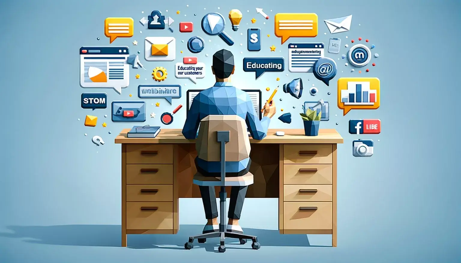 Enlighten, Engage, Empower: Educating Your Customers With a Content Marketing Strategy. Low poly art image of a person at a desk surrounded by floating content elements like blog posts and webinars, representing the education of customers through content marketing.