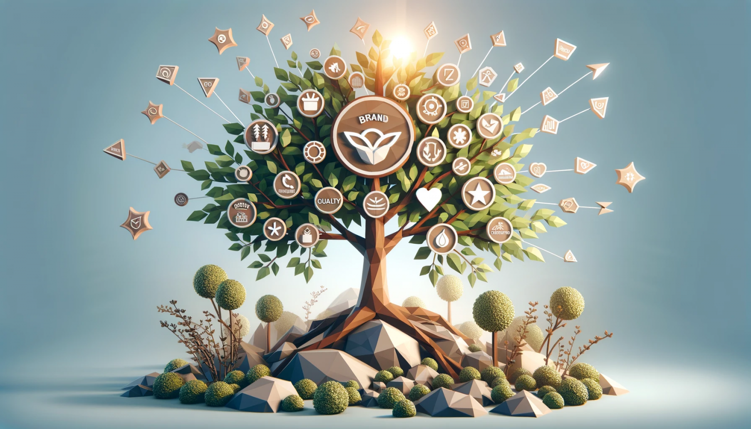 Unlocking Brand-Led Growth: The Secret Weapon for Business Success. Artistic representation of 'Brand-Led Growth', visualized as a flourishing tree in a low poly art style, with branches and leaves representing trust, quality, innovation, and customer engagement. The upward growth of the tree symbolizes the success rooted in strong brand identity and loyalty, all set against a backdrop of nurturing light blue.