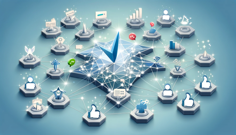 Visual depiction of 'Social Proof as a Marketing Tool', showcasing an array of interconnected geometric shapes that represent different facets of social proof, including testimonials, endorsements, and user statistics, synergistically forming an influential marketing strategy, rendered in a low poly art style against a backdrop of trustworthy light blue.
