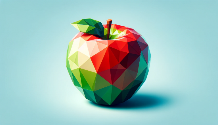 Artistic representation of a crisp, fresh apple, intricately designed in a low poly art style. The apple, featuring a harmonious blend of red and green hues, stands out against a soothing light blue background, embodying a sense of natural freshness and artistic elegance.