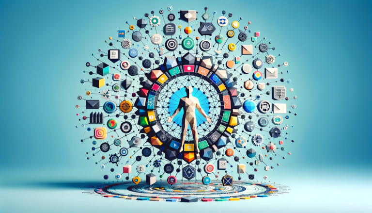 Artistic representation of 'Brand Identity', visualized as an emblem composed of various interconnected geometric shapes in a low poly art style, each shape representing integral components like logos, color schemes, and values. The cohesive and unified assembly set against a light blue background symbolizes the clarity and strong presence of a brand's identity, distinctly communicating its essence and personality.