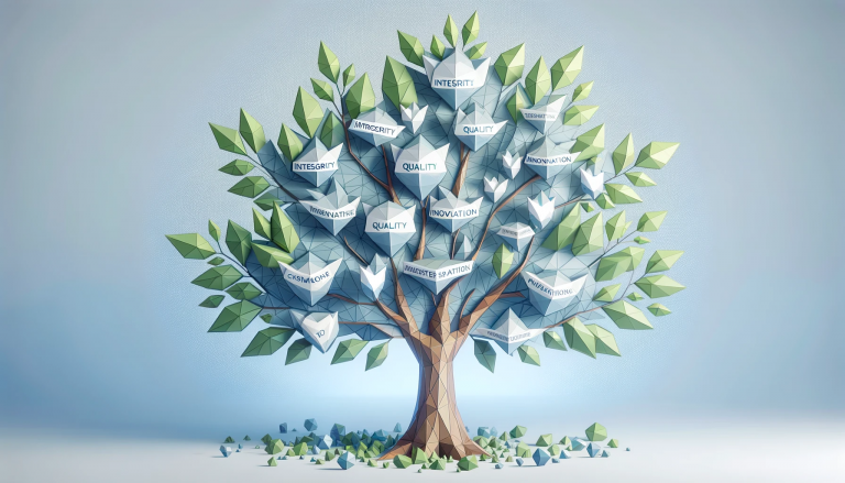 Artistic portrayal of 'Brand Values', visualized as a tree in a low poly art style, with branches and leaves symbolizing growth, stability, and brand values such as integrity and innovation. The interconnected branches against a light blue background signify the unity and importance of these values in nurturing and shaping the brand's vision and mission.
