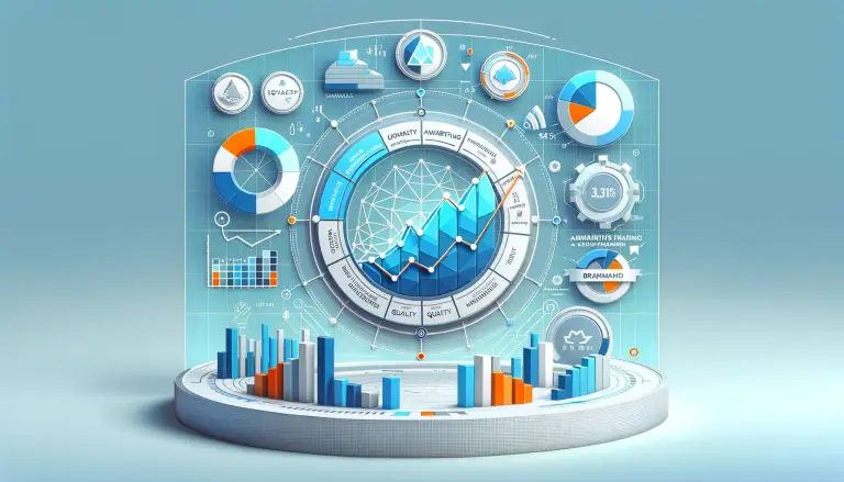 Artistic representation of 'Measuring and Monitoring Brand Equity', featuring an analytical dashboard composed of interconnected geometric shapes in a low poly art style, symbolizing key brand metrics and indicators. The cohesive design against a light blue background illustrates the precision and strategic analysis involved in assessing and enhancing a brand's market value.