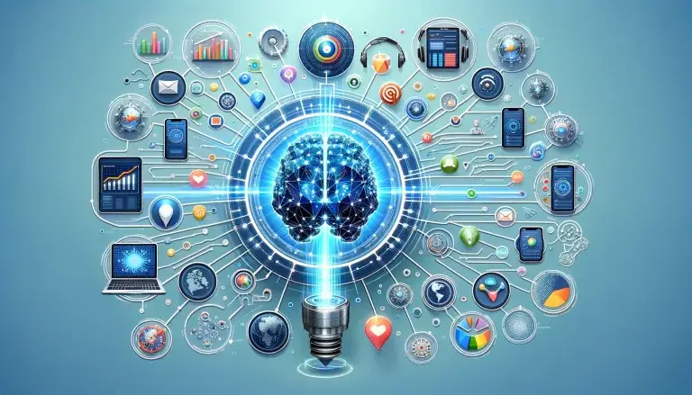 Low poly art of a futuristic AI brain linked with marketing tools like social media icons and data graphs targeting a consumer, illustrating AI's impact on marketing in 2024.