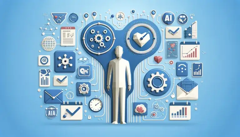 Low poly art featuring a person surrounded by symbols such as a clock, heart, and charts, illustrating the personal and impactful benefits of AI marketing tools.