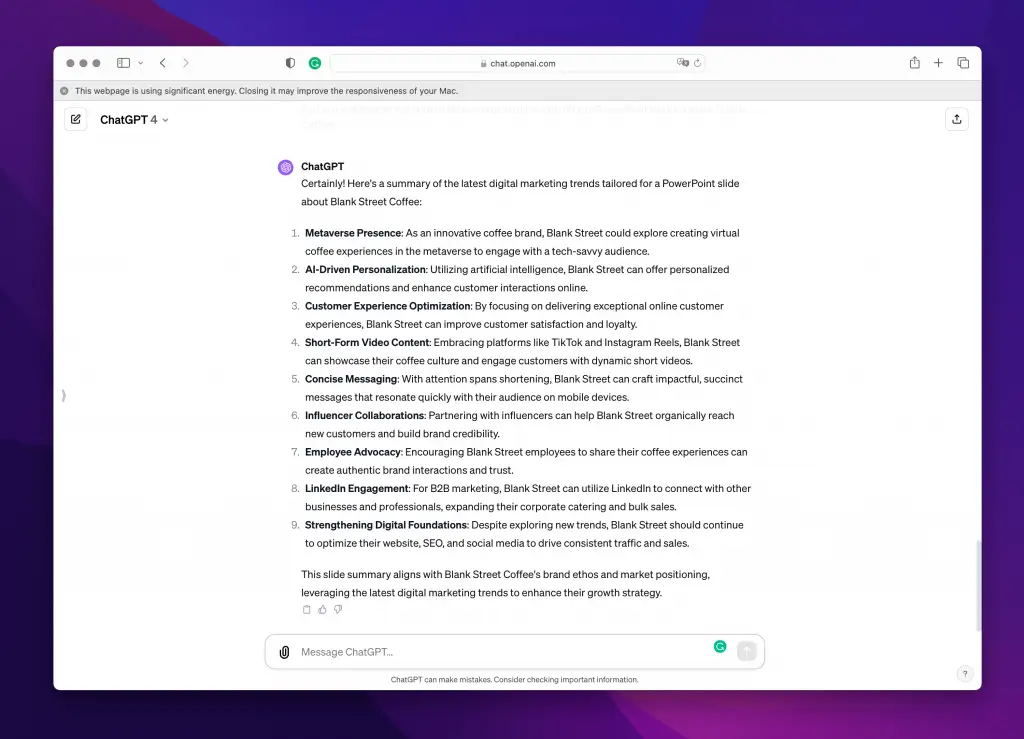Recommended Prompt: "Can you summarize the latest trends in marketing for my PowerPoint slide?"