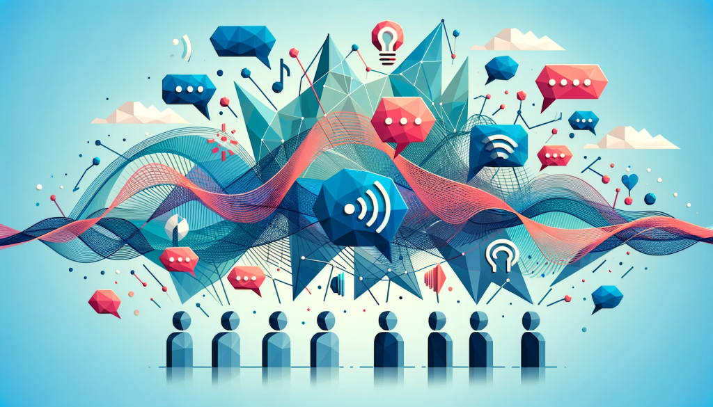 Low poly style image in a 16 by 9 format illustrating the Power of Word-of-Mouth. Includes speech bubbles and abstract figures in conversation, with emanating lines and waves representing the spread of communication, and symbols like ears and megaphones to signify listening and speaking, set against a calm light blue background.