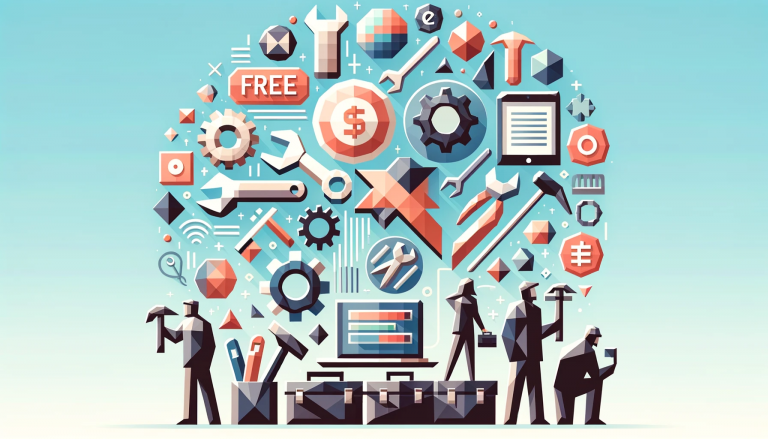 Low poly style image in a 16 by 9 format depicting the concept of Utilizing Free Tools and Resources. Features a variety of tool icons like wrenches and hammers and software symbols, intermixed with cost-effectiveness symbols like zero dollar signs and free tags, with abstract figures representing users, all set against a serene light blue background.