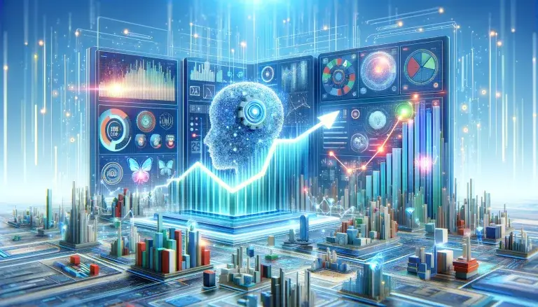 Graphic representation of AI's influence in modern marketing, highlighting cutting-edge tools and data analytics that propel customer retention rates, all set against a calming light blue background, signifying the innovative blend of technology and customer-centric strategies.