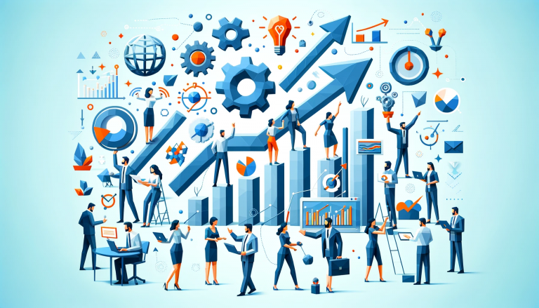 Creative representation of 'Growth Marketing', featuring low poly human figures engrossed in analyzing data, generating ideas, and forming strategies, surrounded by symbols of growth like geometric shapes and upward trends, emphasizing a comprehensive approach to marketing growth, all set against a backdrop of clear and strategic light blue.