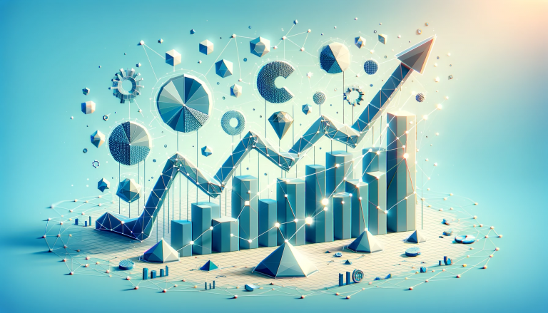 Artistic representation of 'Growth Marketing', showcasing a low poly upward-moving graph and interconnected shapes symbolizing the fusion of analytics, creativity, and strategic marketing elements, all contributing to substantial growth, set against a backdrop of strategic light blue.