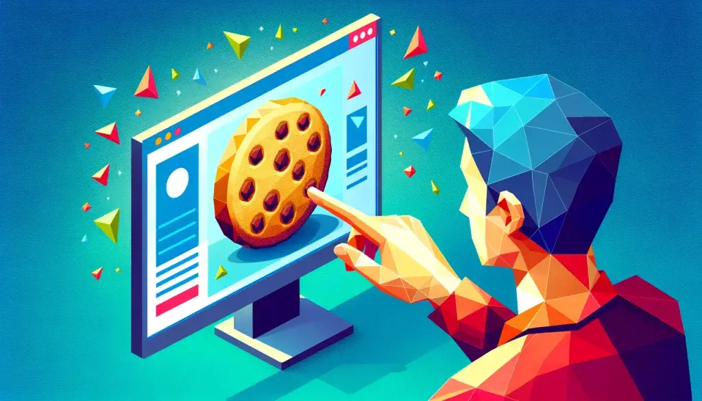 a person looking at a computer screen, which displays a picture of a cookie