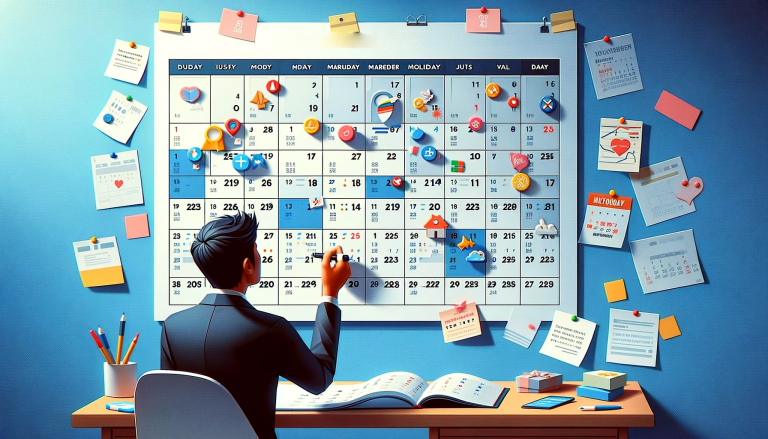 A business owner or marketer thoughtfully marking important dates on a large wall calendar, filled with various special days and holidays