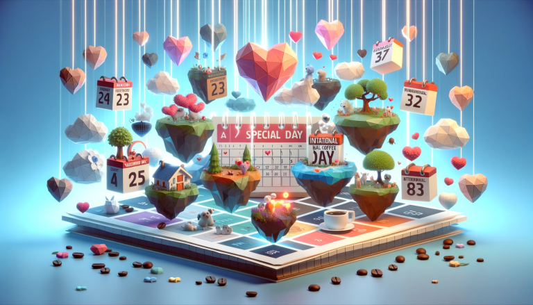 A creative depiction of special day marketing in a Low Poly Art style, offering a fresh perspective. The scene portrays a virtual calendar