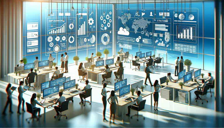 A dynamic and active workspace showing the implementation and execution of a marketing plan. The scene includes a bustling office environment