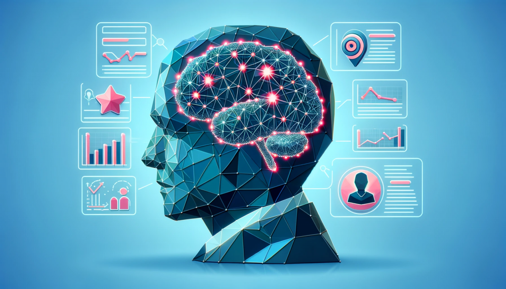 A low poly art illustration showcasing a digital brain analyzing customer data points and identifying patterns, symbolizing the AI's capability in data analysis and pattern recognition for loyalty programs, set against a light blue background.