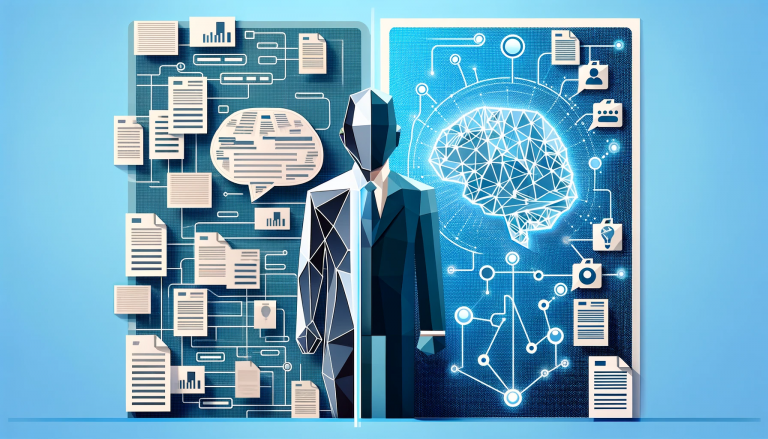A low poly art style image depicting the transition from manual sentiment analysis to AI-driven techniques. The left side shows a human silhouette