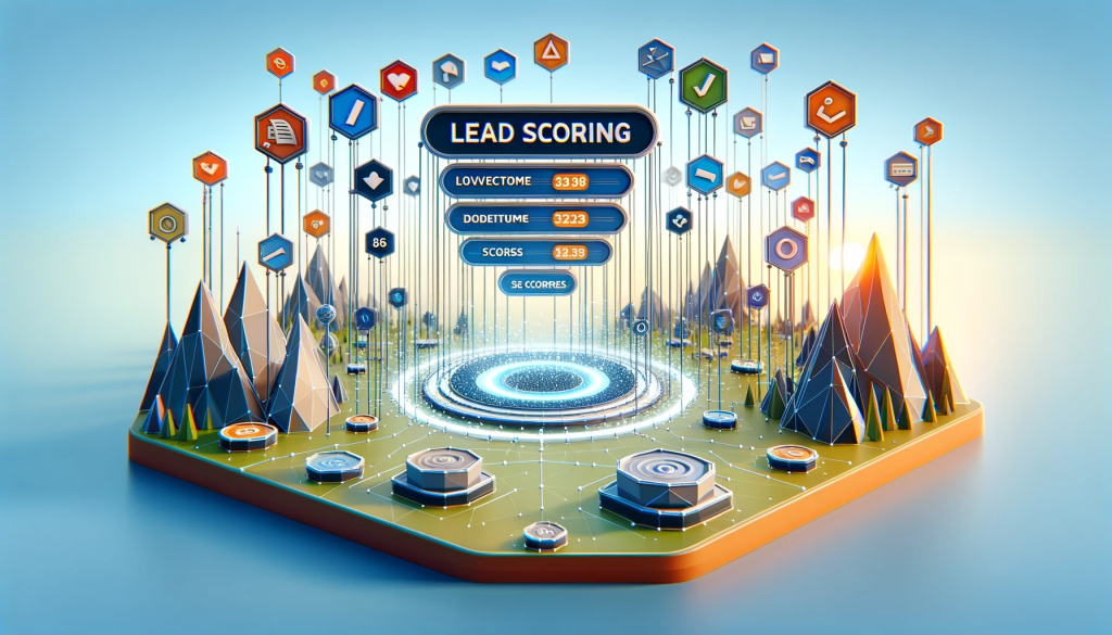 A low poly art style image representing Lead Scoring Platforms and Software. The scene includes a digital landscape with various abstract structures