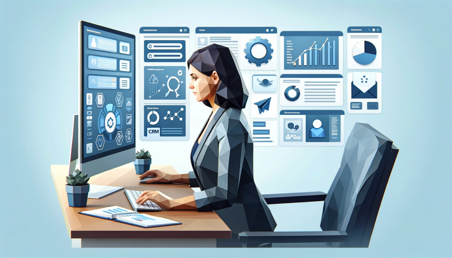 What is Marketing Automation? A low poly art style image representing a female professional using Marketing Automation for Businesses. The scene includes a woman sitting at a moder