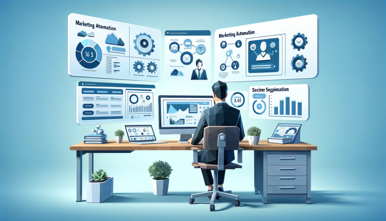 A low poly art style image representing a person using Marketing Automation for Businesses. The scene includes a professional sitting at a desk with m