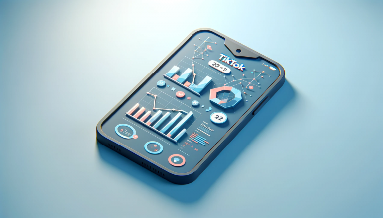 A smartphone in a low poly style, displaying TikTok analytics data on its screen. The phone is set against a light blue background, emphasizing a modern and clean aesthetic. The graphics on the phone's screen include stylized bar charts, line graphs, and user engagement metrics, all designed with a minimalistic and geometric approach