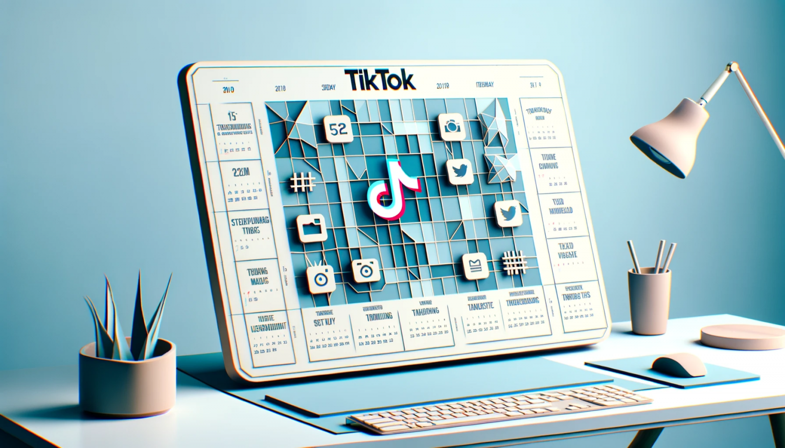 Low poly style TikTok content calendar against a light blue background, displaying trending hashtags, in a 16 by 9 widescreen format.