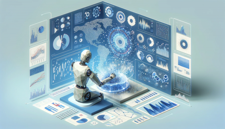 Humanoid robot analyzing complex data streams, representing advanced analytical capabilities in marketing.
