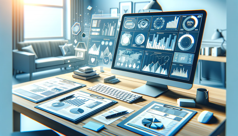 An analytical and reflective workspace for monitoring and evaluating a marketing plan. The scene shows a professional setting with a computer