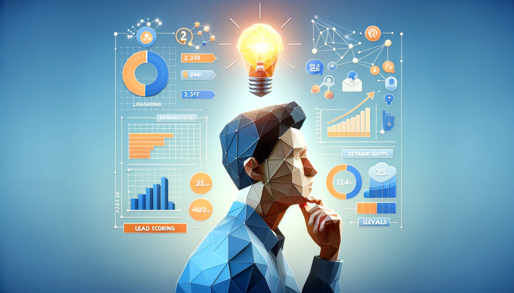 An image in low poly art style depicting a person thinking about Lead Scoring. The scene shows a stylized, thoughtful figure with a lightbulb above his head