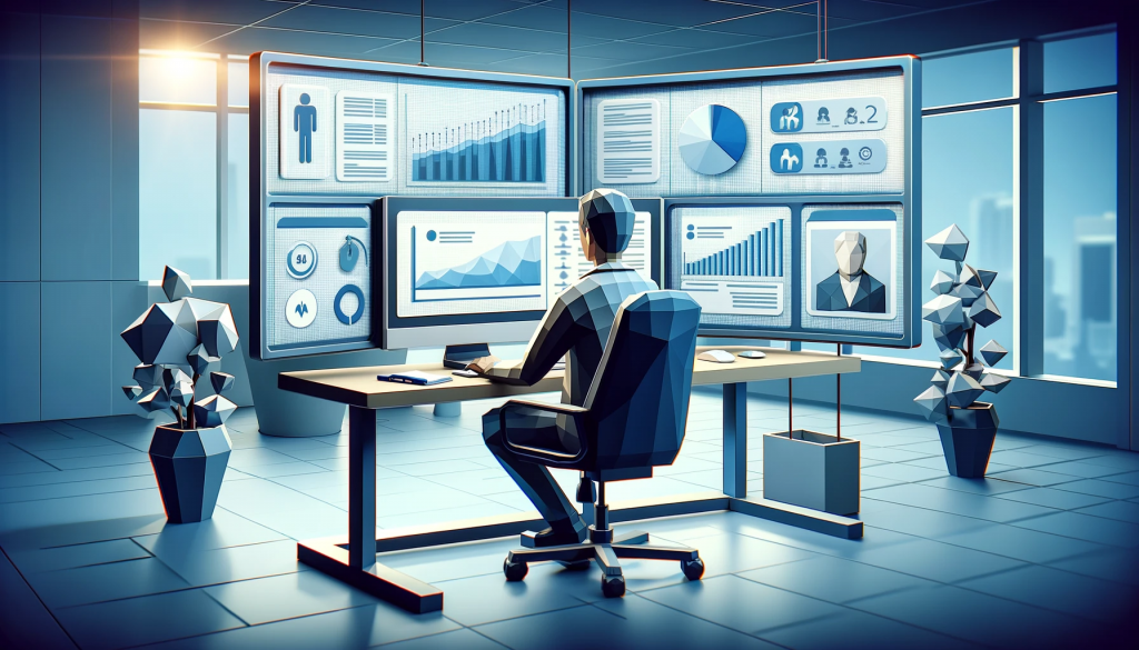 An image in low poly art style depicting a person using Lead Scoring Software. The scene shows a stylized figure seated at a modern, digital workstation