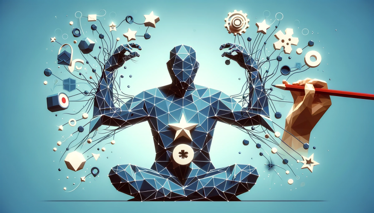 Artistic portrayal of 'Crafting Compelling Testimonials' showing a stylized figure in the act of assembling geometric shapes into a cohesive structure, symbolizing the meticulous process of creating persuasive testimonials, all depicted in a low poly art style against a backdrop of trust-inducing light blue.