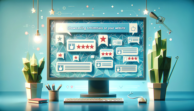 Digital artwork representing 'Showcasing Testimonials on Your Website', featuring a stylized web interface with geometric shapes symbolizing testimonials, arranged to catch the viewer's attention and enhance website credibility, portrayed in a low poly art style against a calming light blue background.
