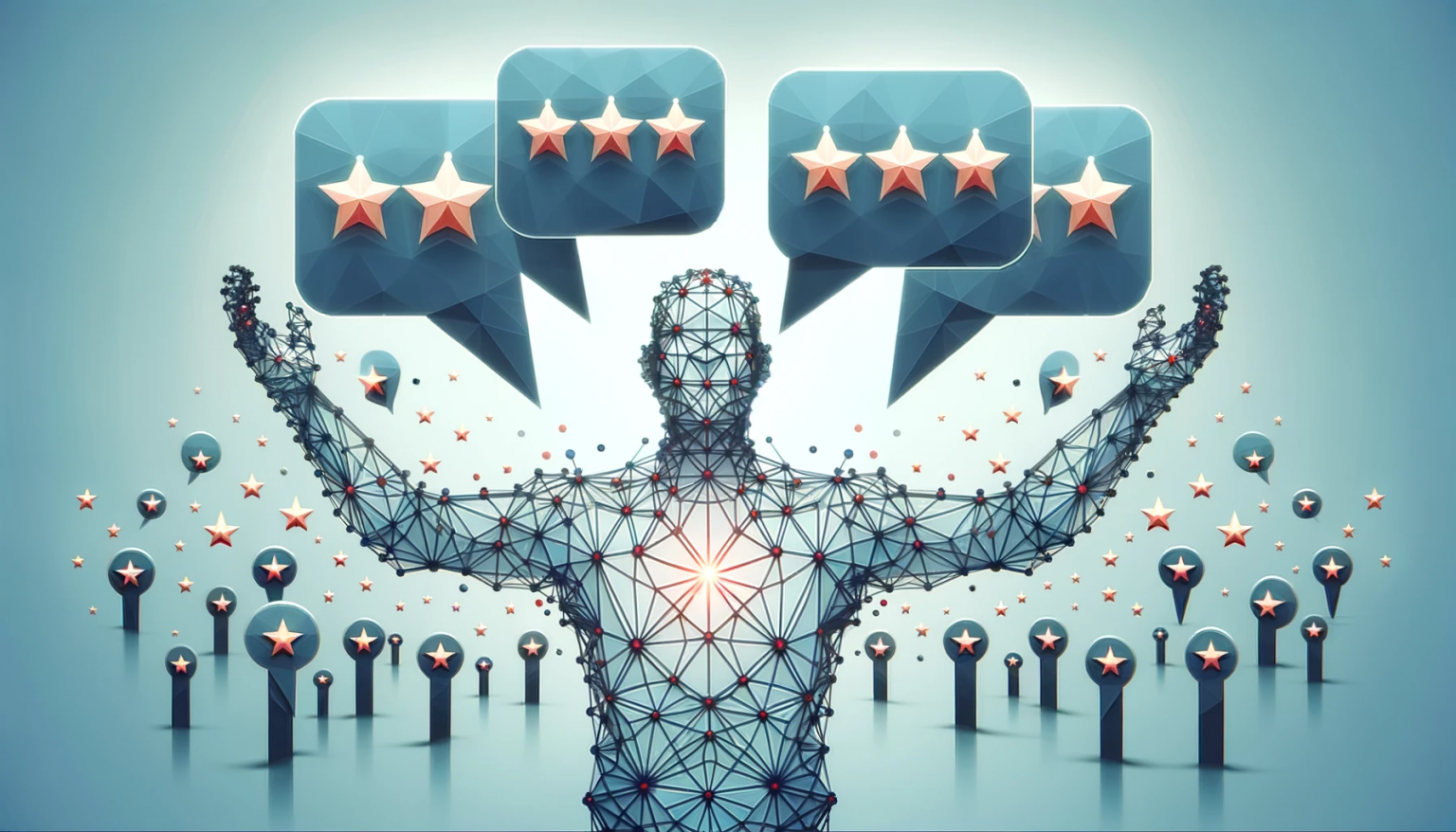 Artistic representation of 'The Power of Testimonials' featuring a central figure composed of geometric shapes and surrounded by speech bubbles in a low poly art style, against a light blue background, illustrating the impactful role of testimonials in shaping perceptions and enhancing brand reputation.