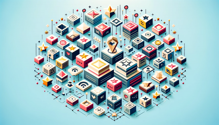 Graphic depiction of 'Types of Testimonials and Their Benefits' with various geometric shapes symbolizing different testimonial types such as written, video, and peer reviews, interconnected to signify their combined benefits in credibility and engagement, all set against a tranquil light blue background in a low poly art style.