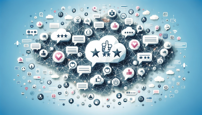 Visual representation of 'Utilizing Social Media for Testimonials', showcasing interconnected geometric shapes symbolizing a dynamic social media network, filled with testimonials and user interactions, emphasizing the influential role of social media in sharing customer voices, depicted in a low poly art style against a transparent light blue background.