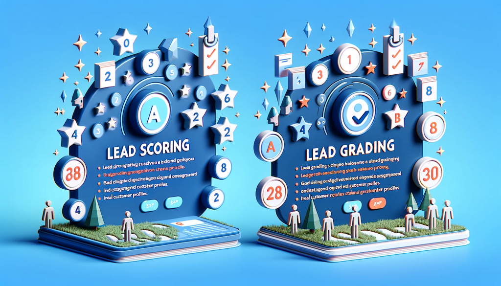 An image showcasing the distinction between lead grading and scoring. The left side of the image represents lead scoring with symbols like stars