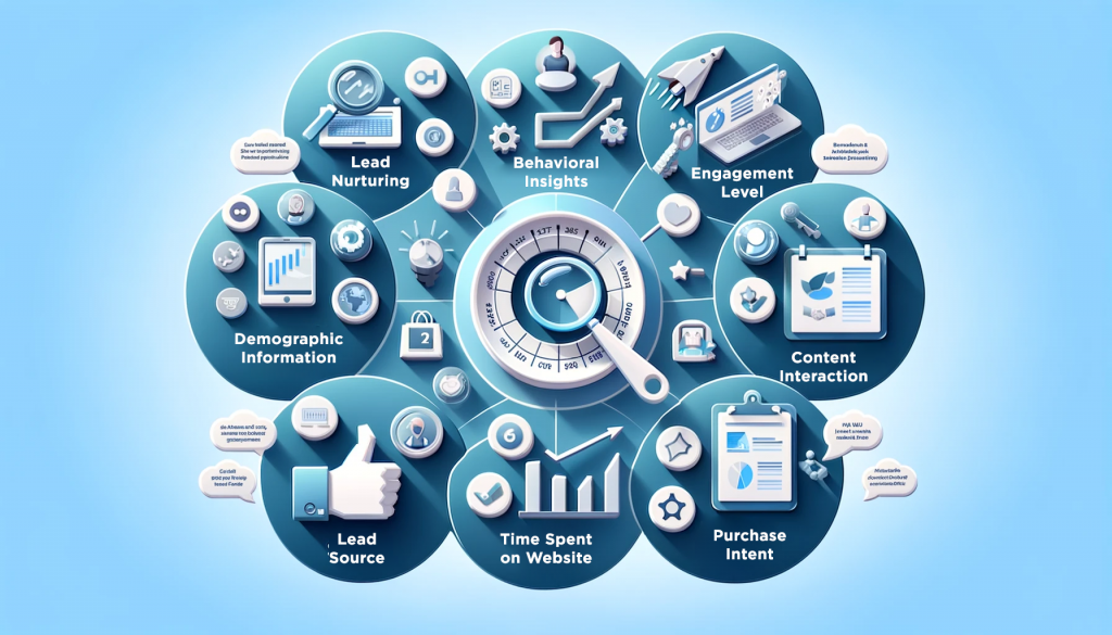 An infographic illustrating the components of an effective lead scoring system. The graphic includes icons and brief descriptions for key elements