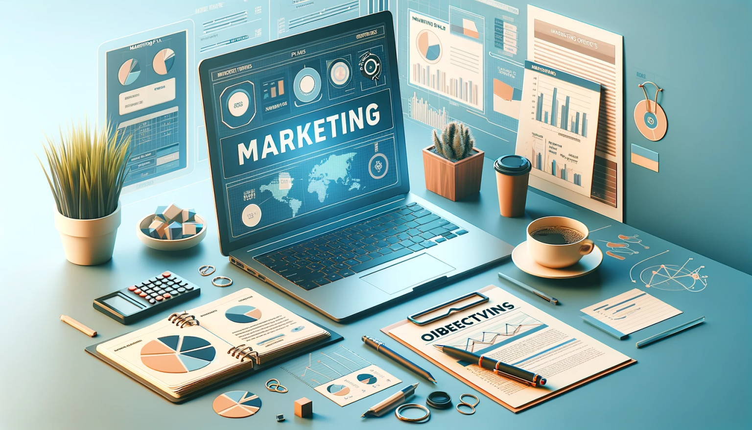 An office desk with a laptop open showing a marketing plan, surrounded by marketing research reports, charts, and graphs. There's a coffee cup, a pen,
