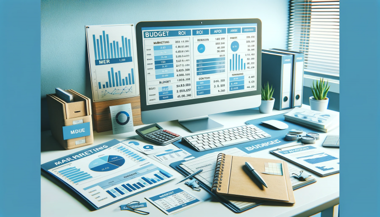 An organized and strategic financial planning workspace for marketing budgeting and resource allocation. The scene shows a desk with a computer display
