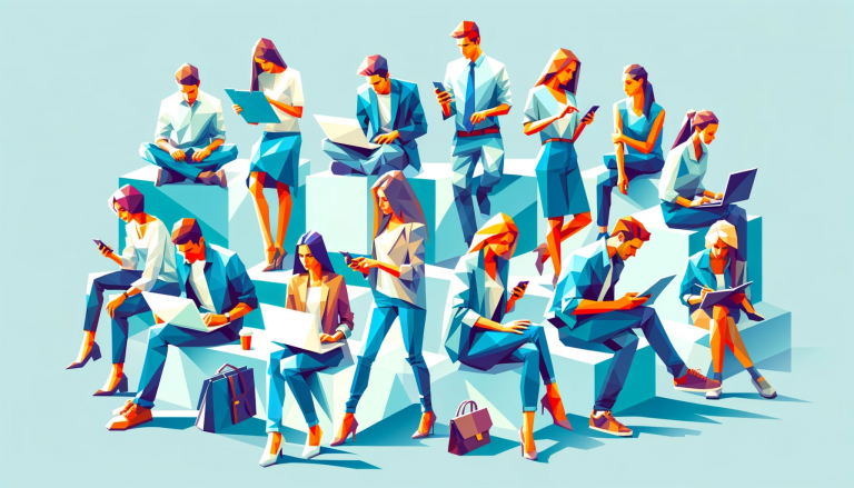 Image of a diverse group of millennials in casual and professional attire, engaged in a variety of activities such as working on laptops