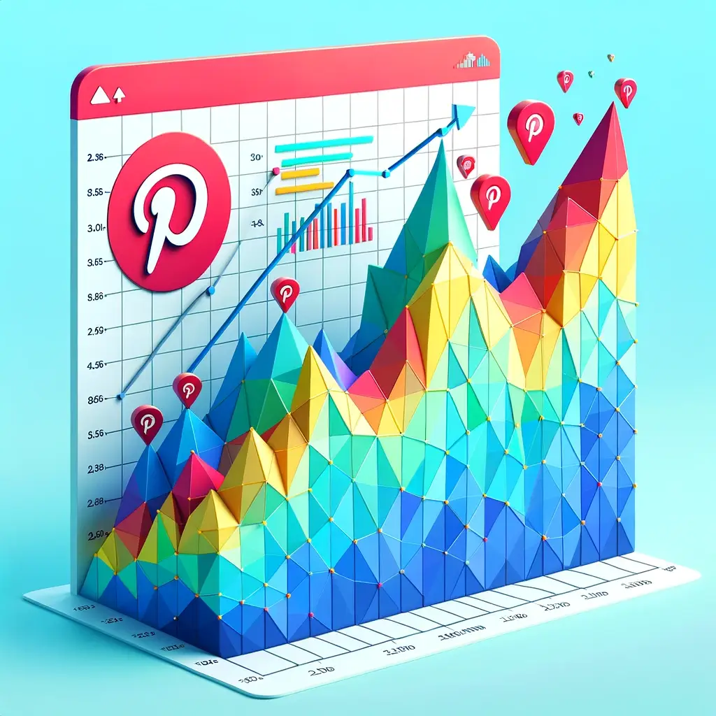 A vibrant low poly art style landscape depicting the dynamic and innovative nature of Pinterest marketing in 2024, with elements representing data analytics, user engagement, and diverse content types.