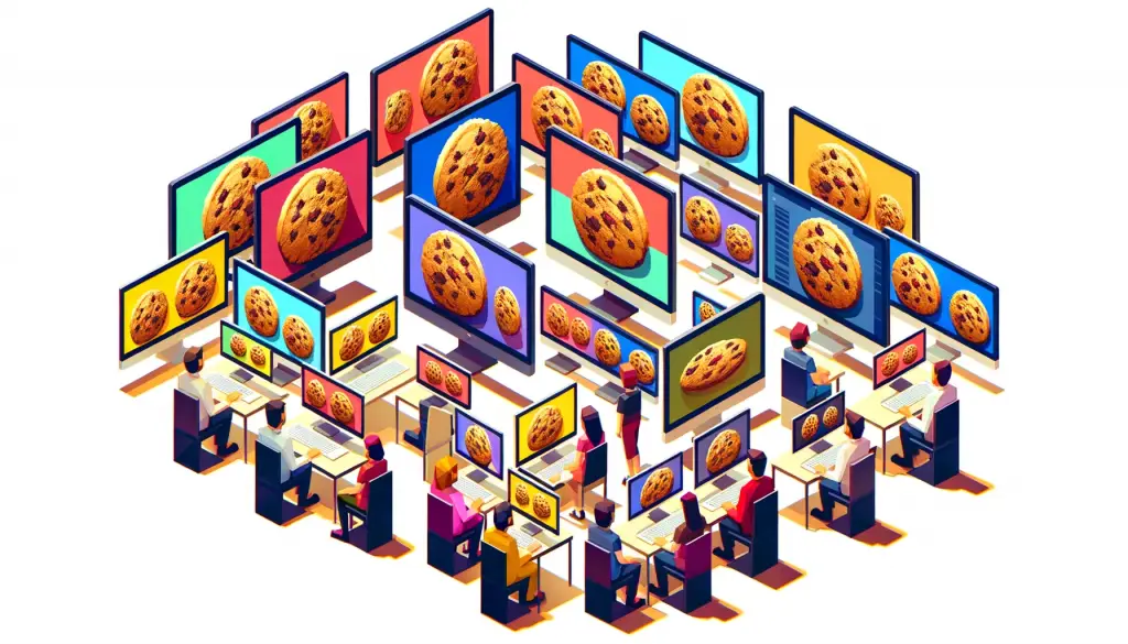 image depicting many people looking at computer screens, each displaying a picture of a cookie.