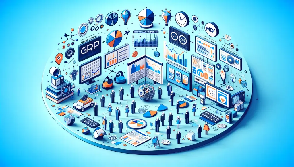 The image illustrates the strategic planning, budget allocation, and effectiveness assessment in advertising, symbolized through visual elements like a marketing strategy board, graphs, and media icons (TV, radio, digital). It also includes representations of data analysis and media comparison, highlighting GRP's role in making data-driven decisions for advertising campaigns. The design is informative and engaging, clearly demonstrating the multifaceted use of GRP in marketing.