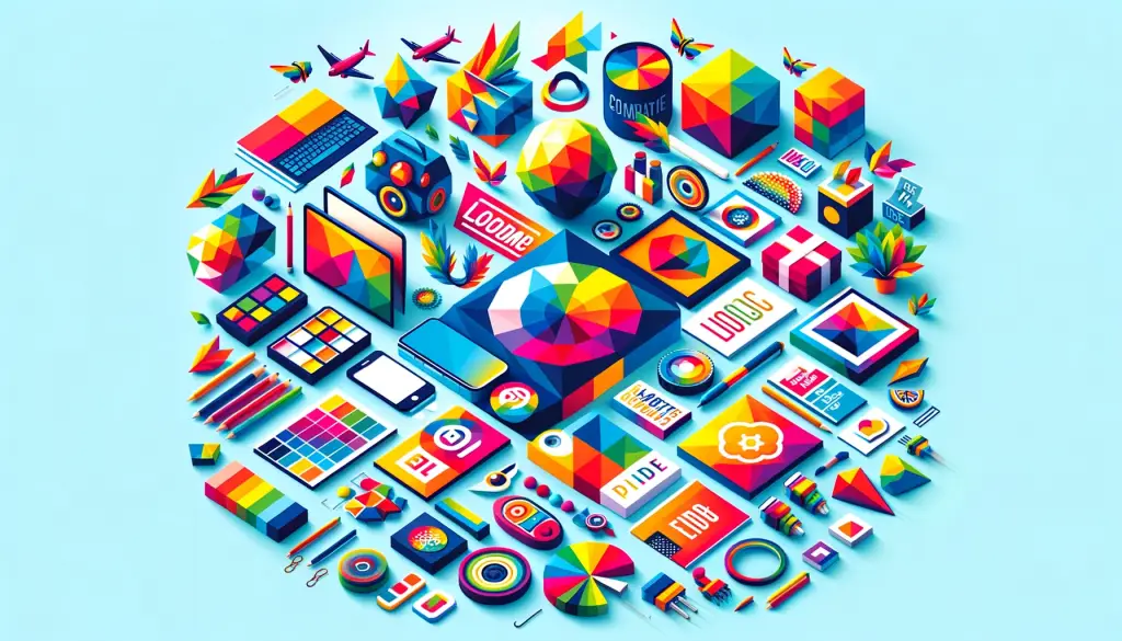 Generated by DALL·E The image, showcasing the elements of brand identity such as logo design, color palette, typography, packaging, and digital presence