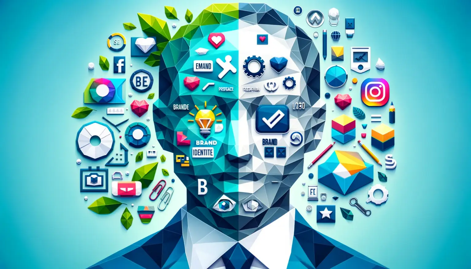 The image, illustrating the contrast between branding and brand identity, is now ready. It creatively depicts elements like emotions and perceptions (representative of branding) versus logos and color schemes (symbolizing brand identity)