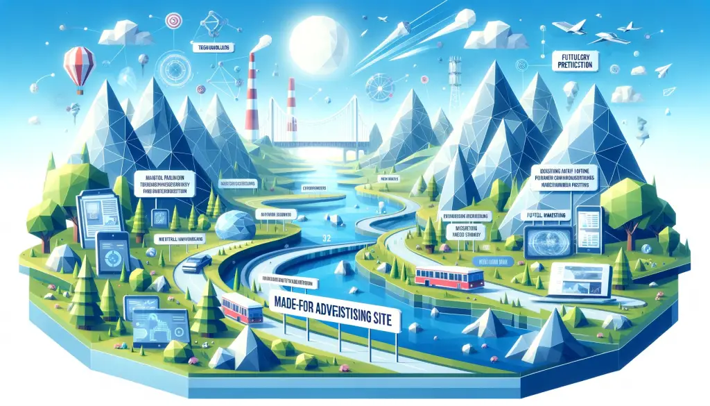 Abstract low poly art landscape depicting the evolution and future of Made-for-Advertising Sites in digital marketing.