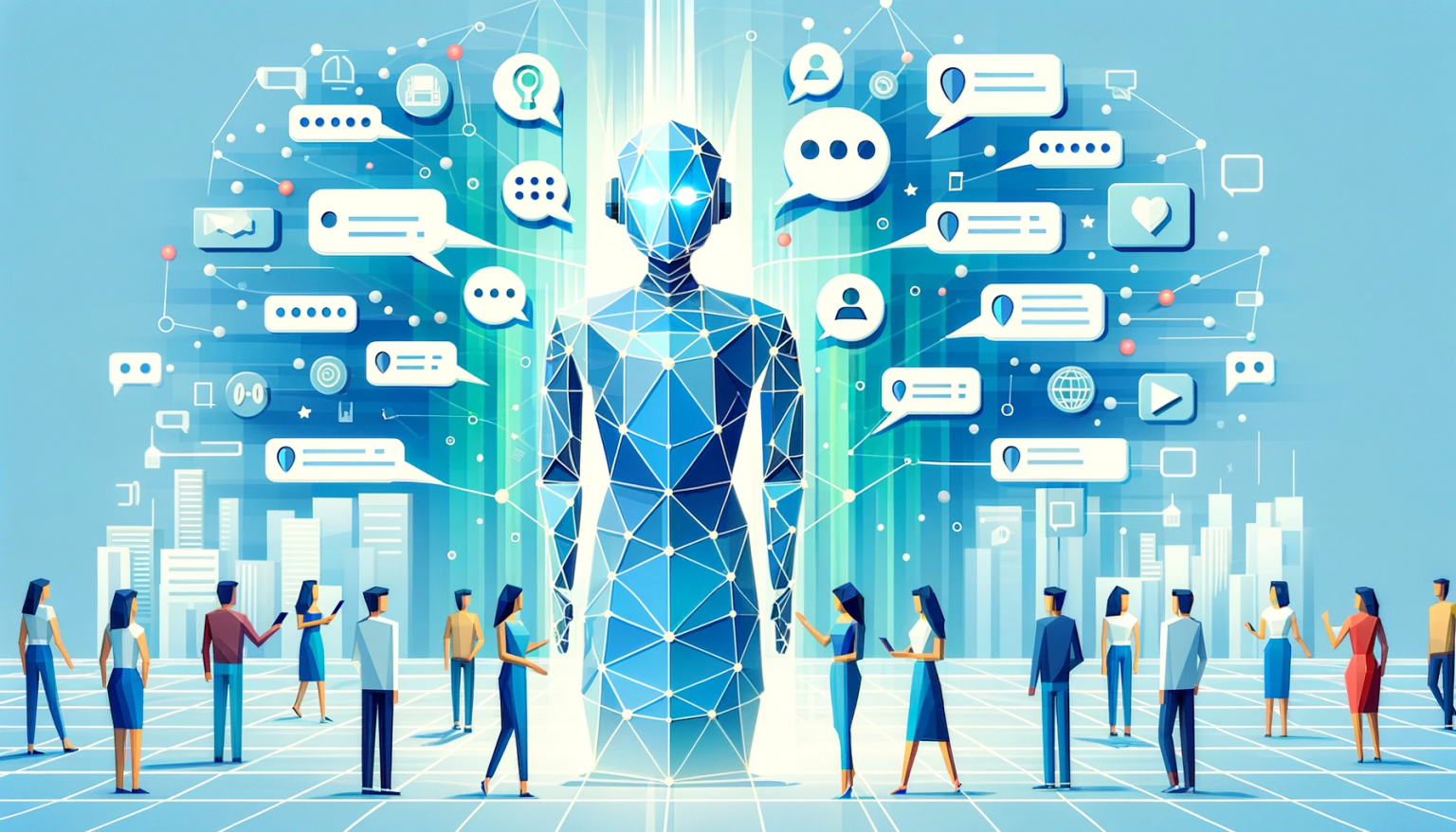 A dynamic illustration of a large, low poly AI figure surrounded by communication icons, engaging with diverse individuals in a futuristic urban setting, symbolizing the central role of AI in modern communication.