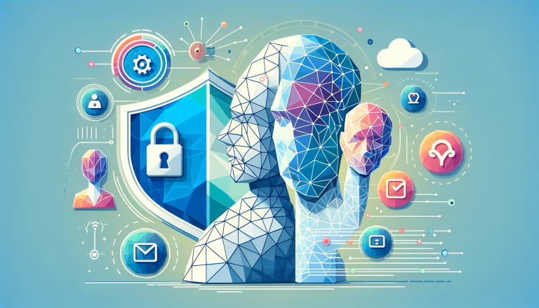 Image depicting the theme of ensuring privacy and authenticity in AI-enhanced customer service, showcasing a shield for data protection and a human-like figure for authentic interaction.